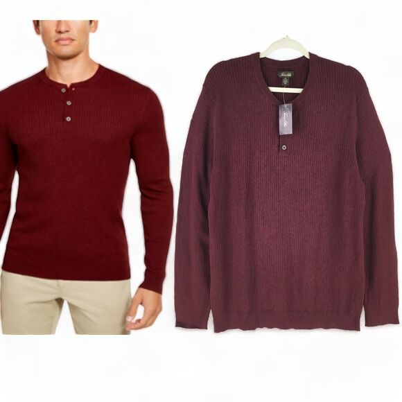 Tasso Elba Men's Silk Cashmere Blend Ribbed Henley Sweater XXL Lounge Soft Wine - Picture 1 of 12